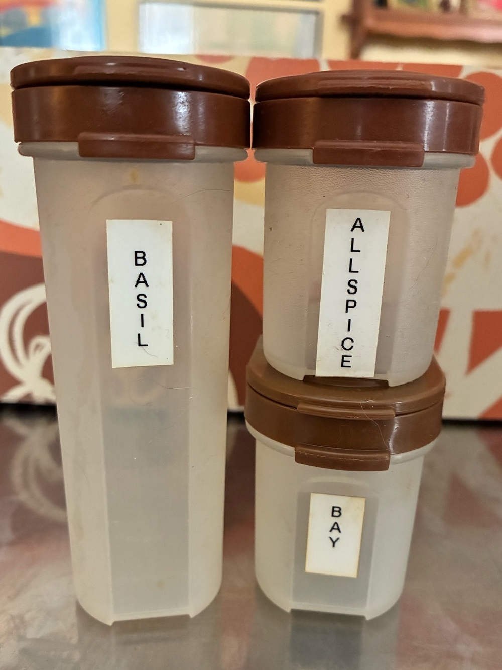 Vintage Tupperware Modular Mates Spice Containers Brown Lids 14 tall, 18 small